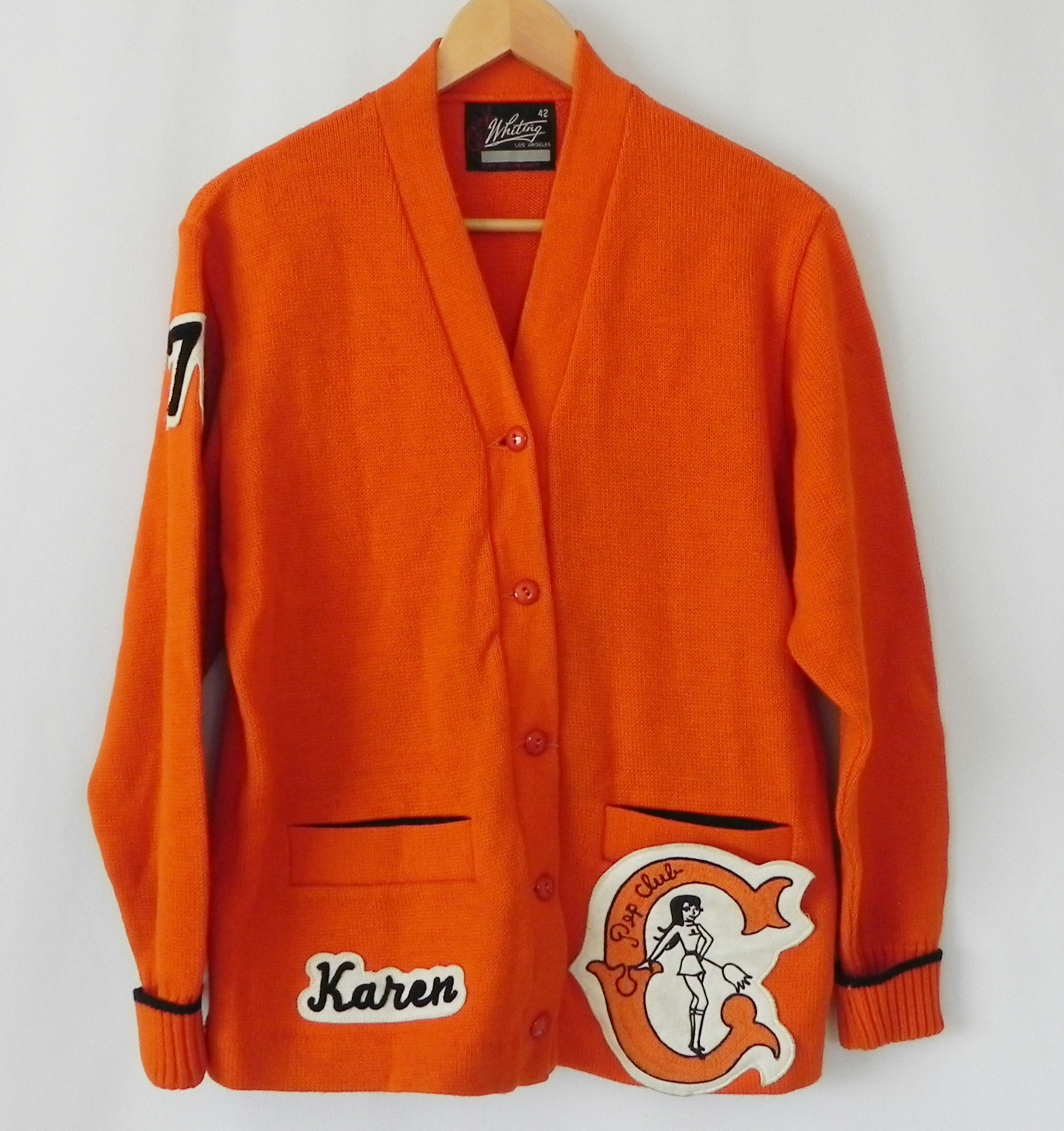 Vtg Whiting Los Angeles Sweater Cardigan Orange Wool ’76/Pep Club Patch Size L