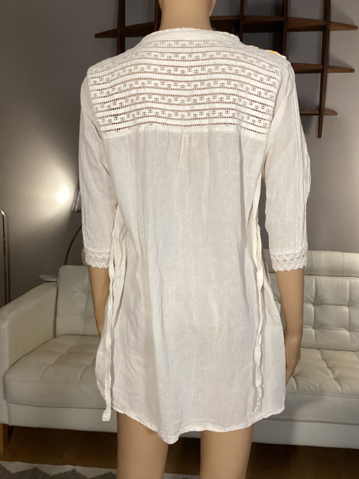 Vintage Mexican Embroidered Floral Hippie Boho Folk Gauzy Cotton Tunic Top