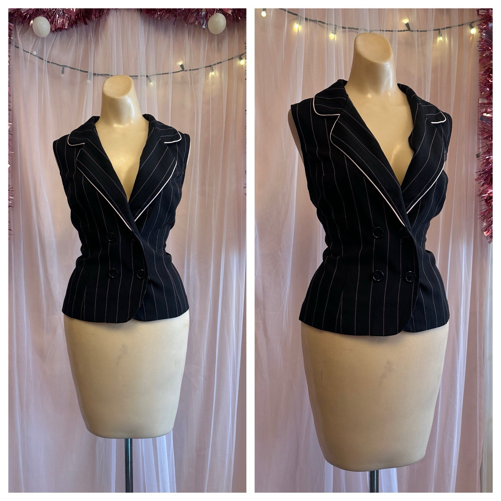Vintage 90s Pinstripe Vest Top Black Pink Sleeveless Preppy Minimalist M/L