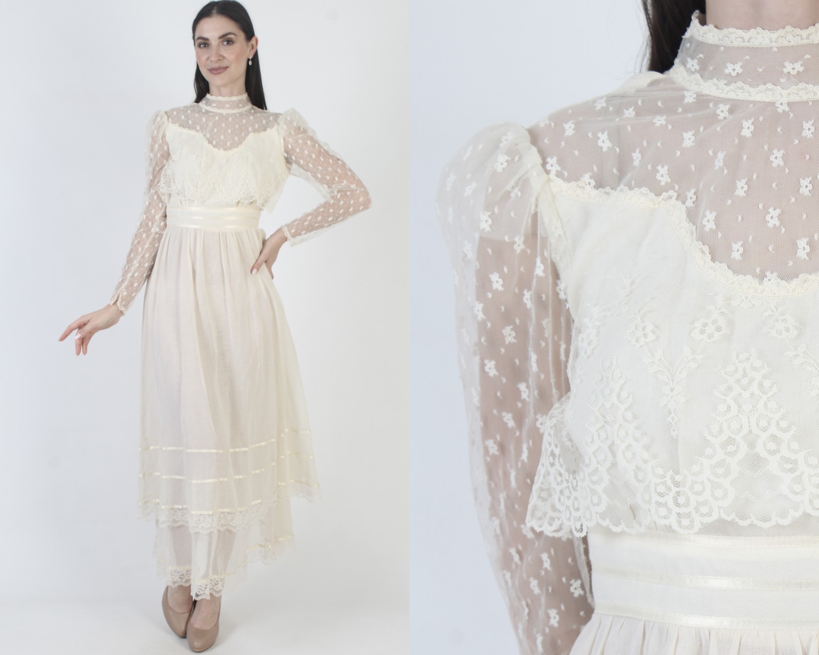 Vtg 70s Candi Jones California Dress Prairie Ivory Boho Wedding Victorian Gown