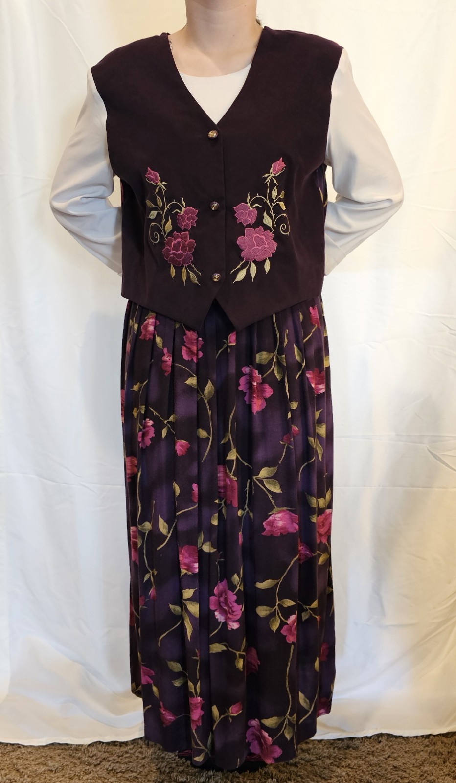VTG Just In Thyme Dress Purple Rose 80s 90s Tie Waist Vest Size 14 WHIMSIGOTH