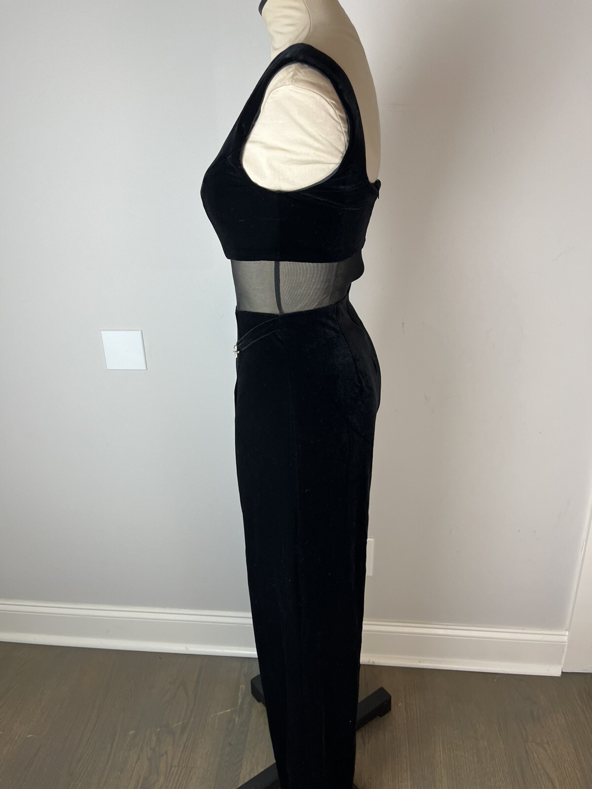 Vintage Cache Velvet Jumpsuit Brocade Jacket Set 6 Black Silver Mesh Midriff