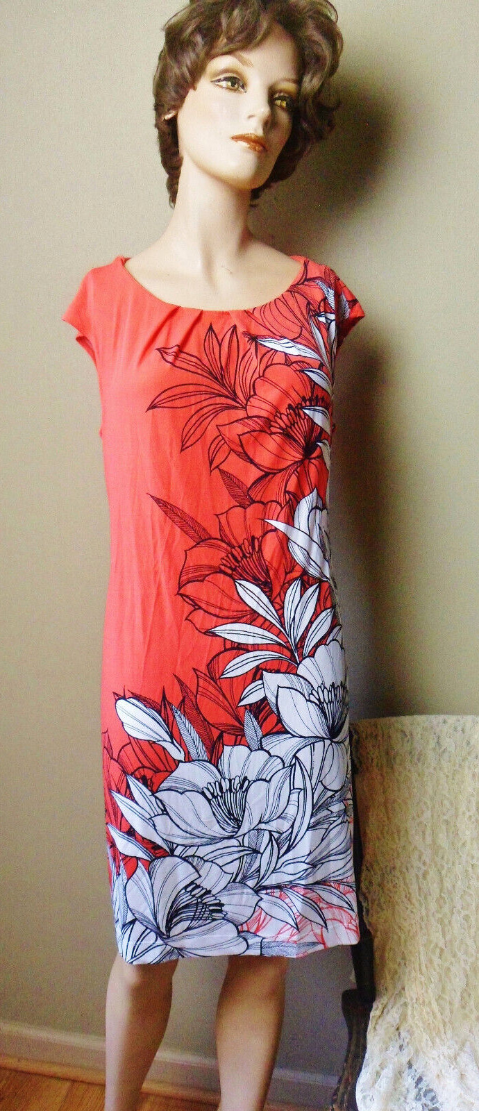 London Times Red Poppy Dress, Vintage Polyester Pencil Dress, Size 6, Cap Sleeve