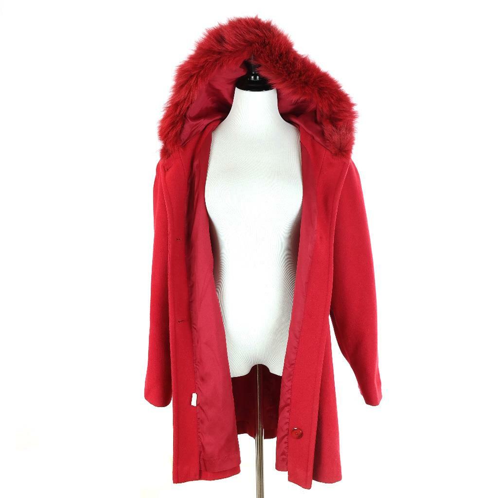 VTG 90s Komitor Red Wool Hooded Coat Genuine Dyed Fox Fur Union Made USA Sz L