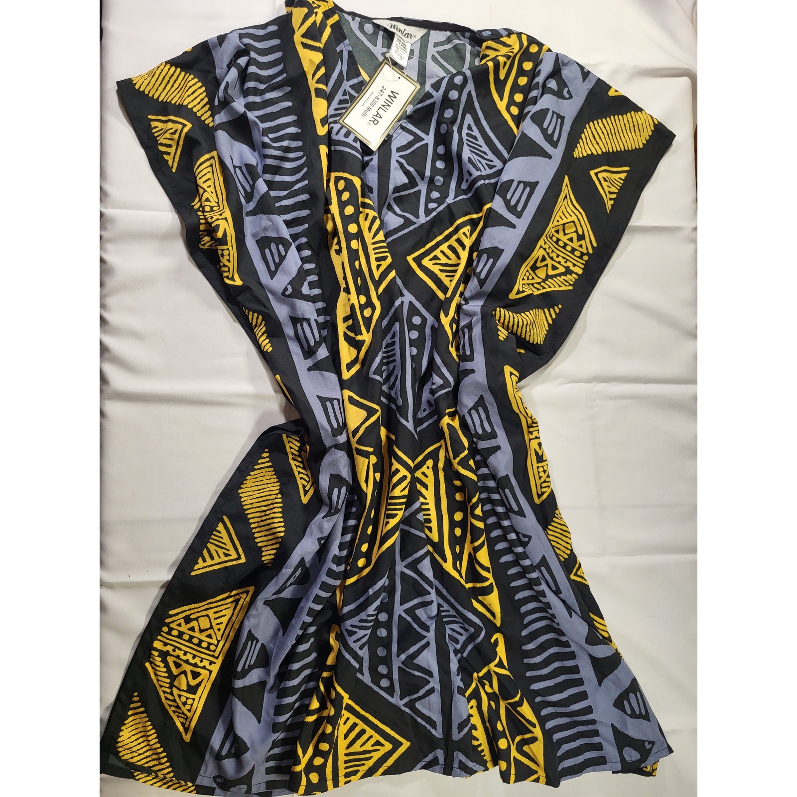 Winlar Caftan Loungewear Gown One Size Geometric Tribal Print V-Neck NWT