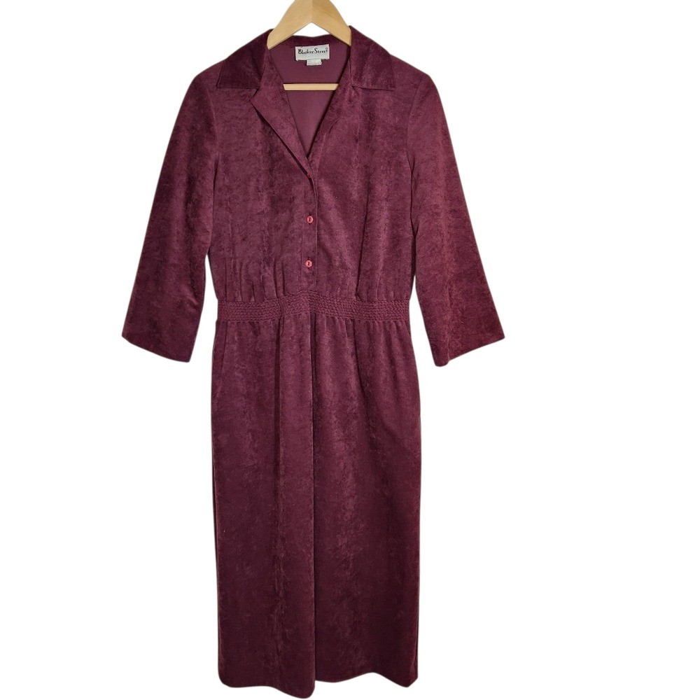 Vintage 70s Purple Velvet Midi Button Dress Collar Boho Cottage Mod Granny 12