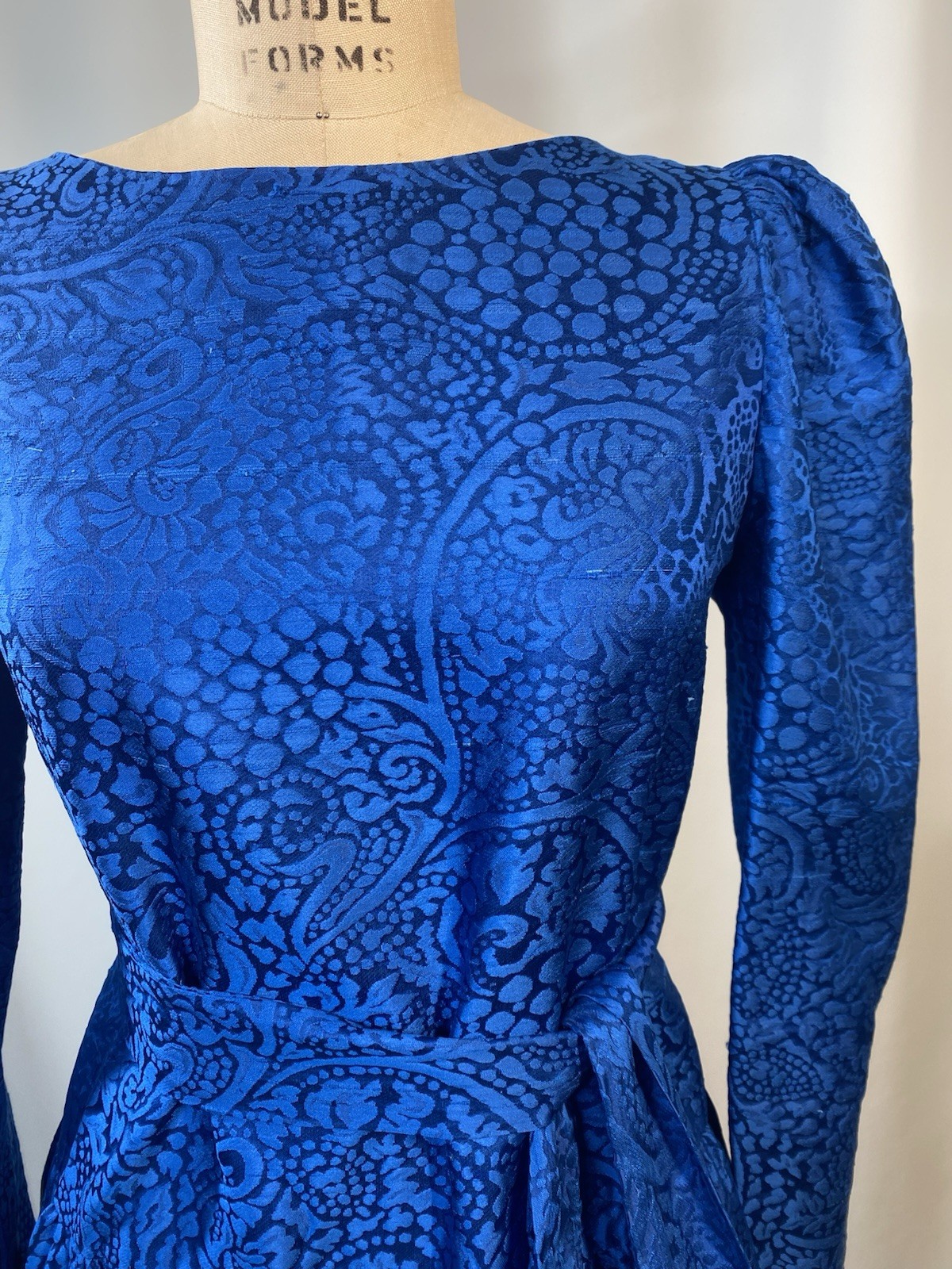 Vintage Dress SIZE LARGE blue Thai silk jacquard long sleeve 80s 90s handmade
