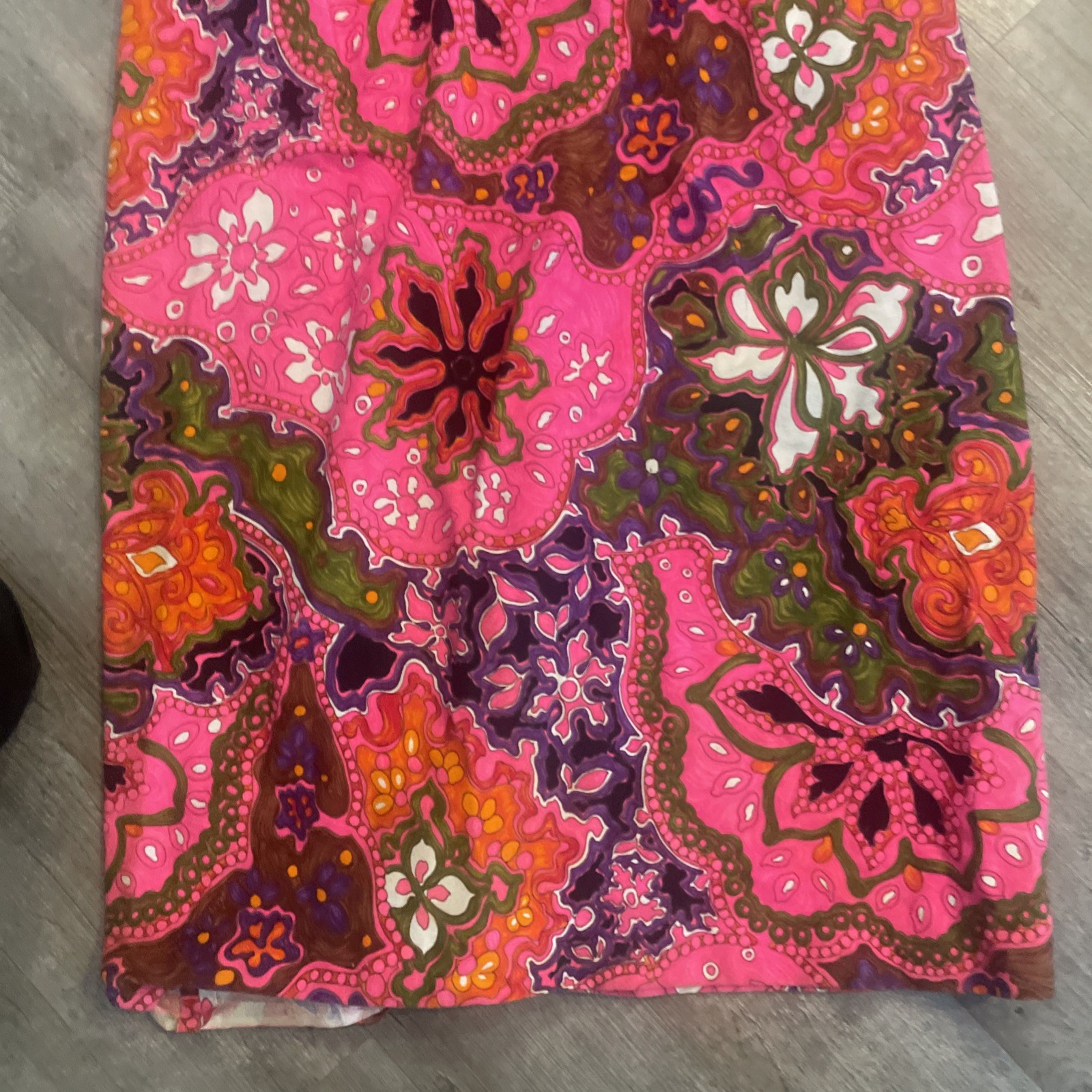 Vtg Sleeveless Maxi Dress Hot Pink Multicolor Psychedelic Print Barkcloth Lg