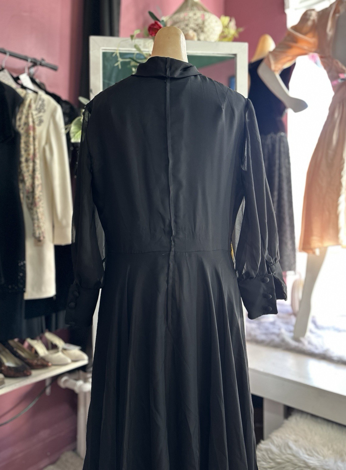 Vintage 60s 70s Formal Maxi Evening Hostess Dress Black Sequins Modest M/L