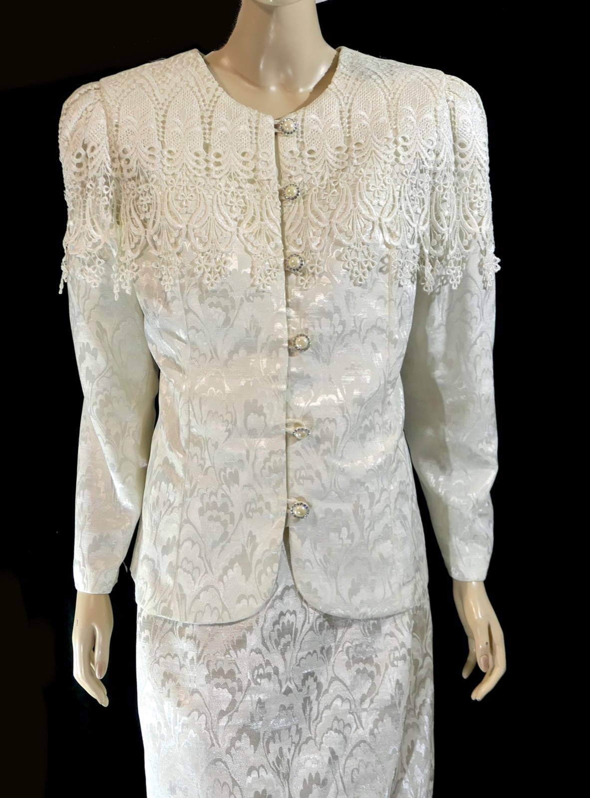 Size L White Vintage 80s Brocade Power Skirt Suit Set Rhinestone Dripping Lace