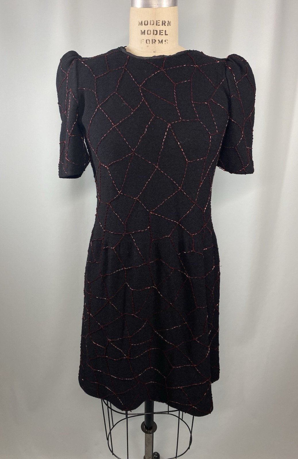 Vintage Dress SIZE LARGE black red beaded knit 70s 80s goth punk rockabilly