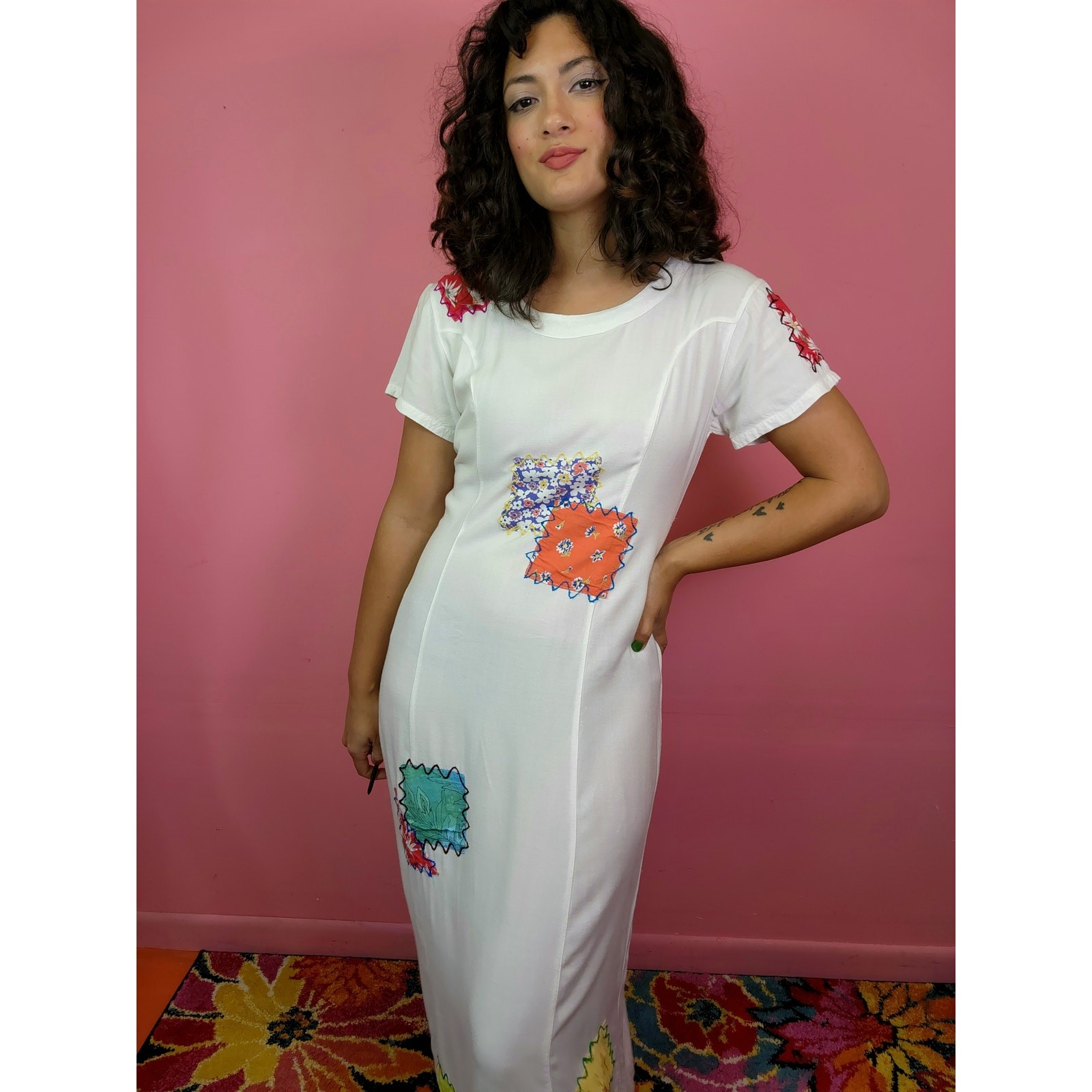 Vintage 1990’s Rayon Boho Patchwork Tee Shirt Dress Tie Back Waist Ankle Length