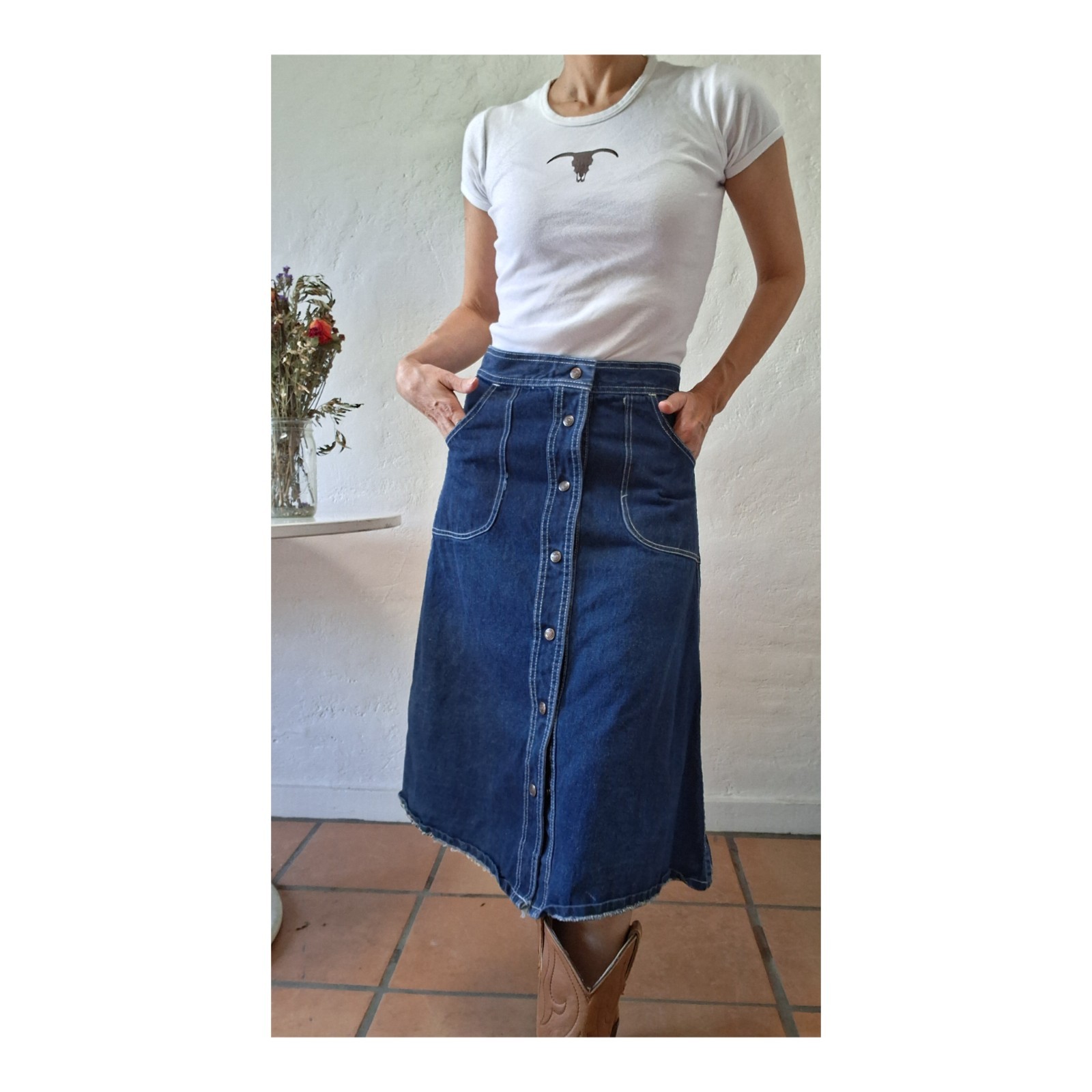 Vintage 70s Woolco Denim Skirt Snap Button Front High Waisted A-Line Midi…
