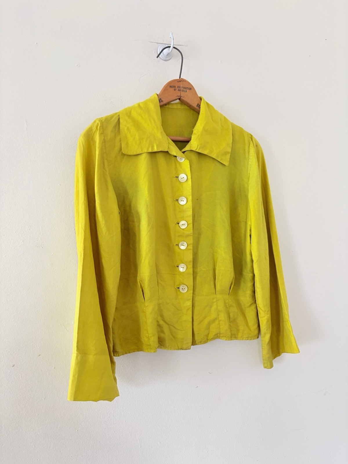Vintage Antique 1920s 1930s Chartreuse Silk Trumpet Sleeve Blouse Shell Button S