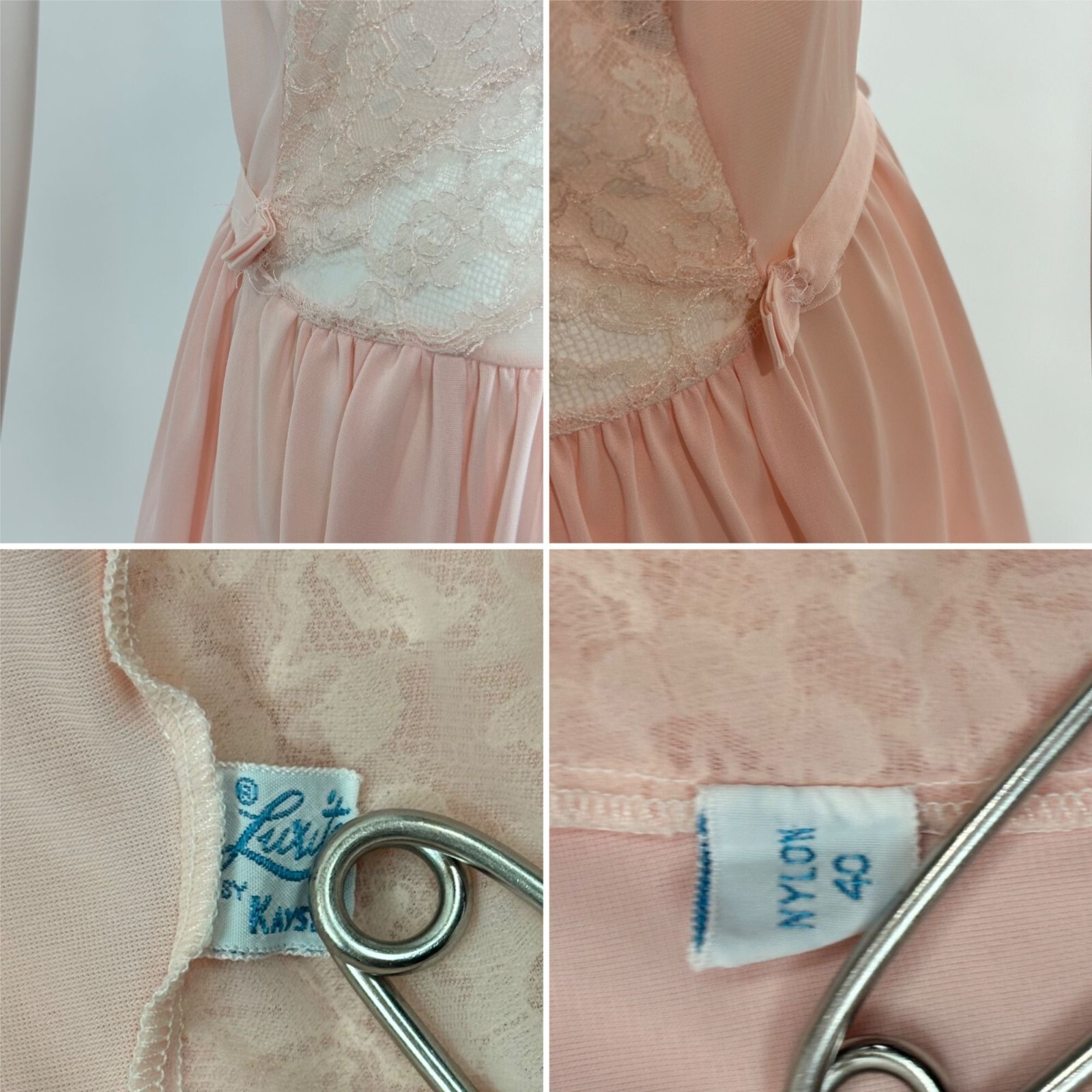 Vintage 40s Pink Nightie Women’s Medium Lace Bodice Dressing Night Gown Luxite