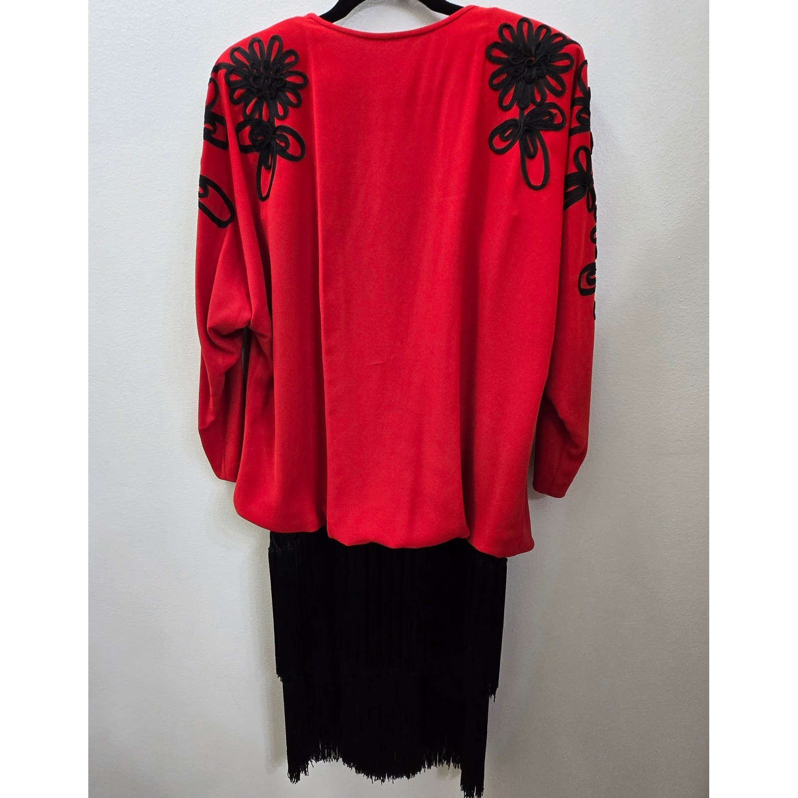 Vintage Casadei Red Black Fringe Soutache Floral Evening Dress Size 10 USA Made