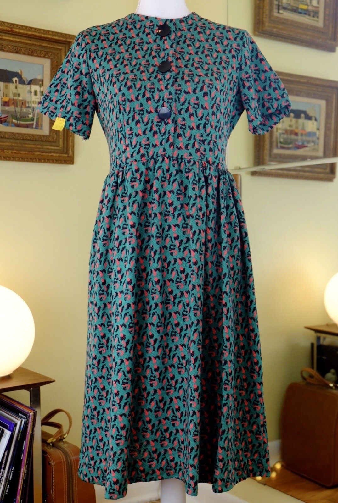 NOS VTG 50s 60s Leopard Print Shirt Dress Green Pink Black Medium Large
