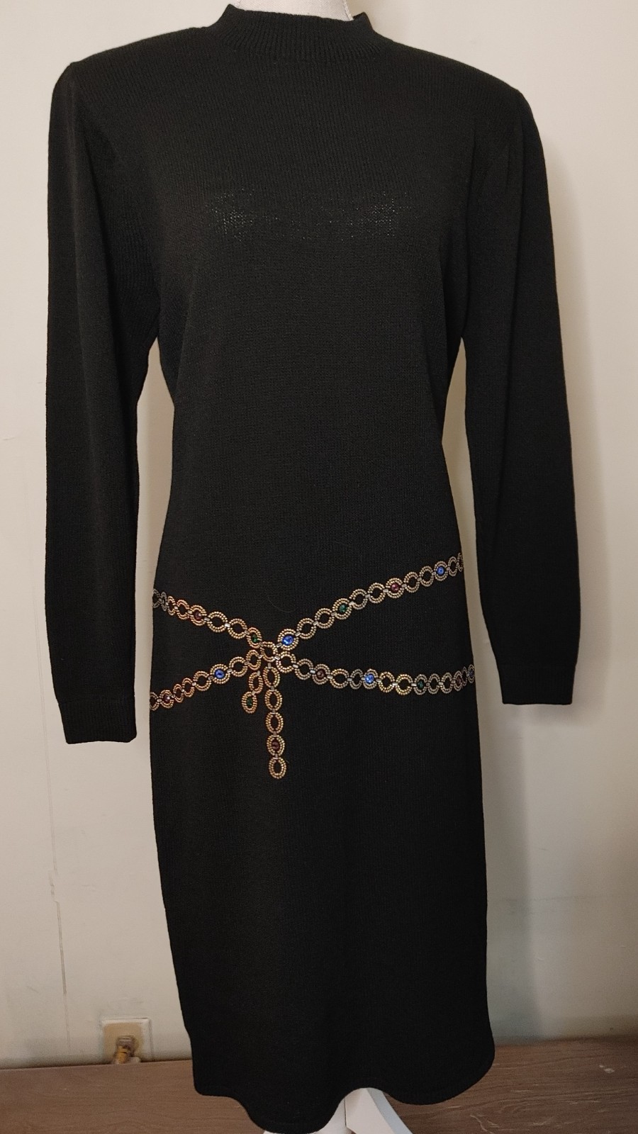 Vintage St John Saks Knit Dress 12 Black Santana Sweater Jeweled Chain Waist 80s