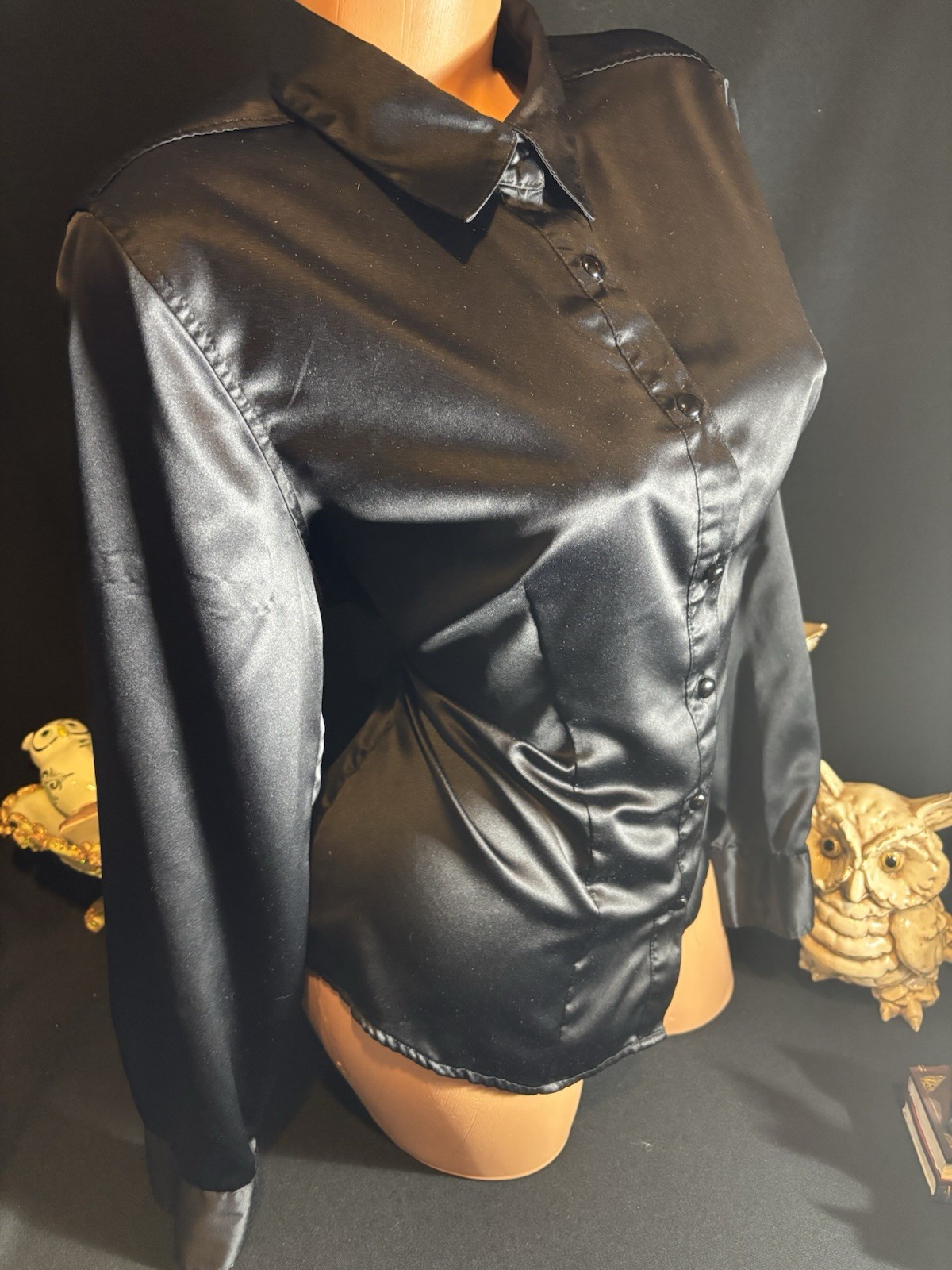 Satin Shiny CUFFS Shirt Notch Collar OFFICE BUTTON UP BLOUSE 12
