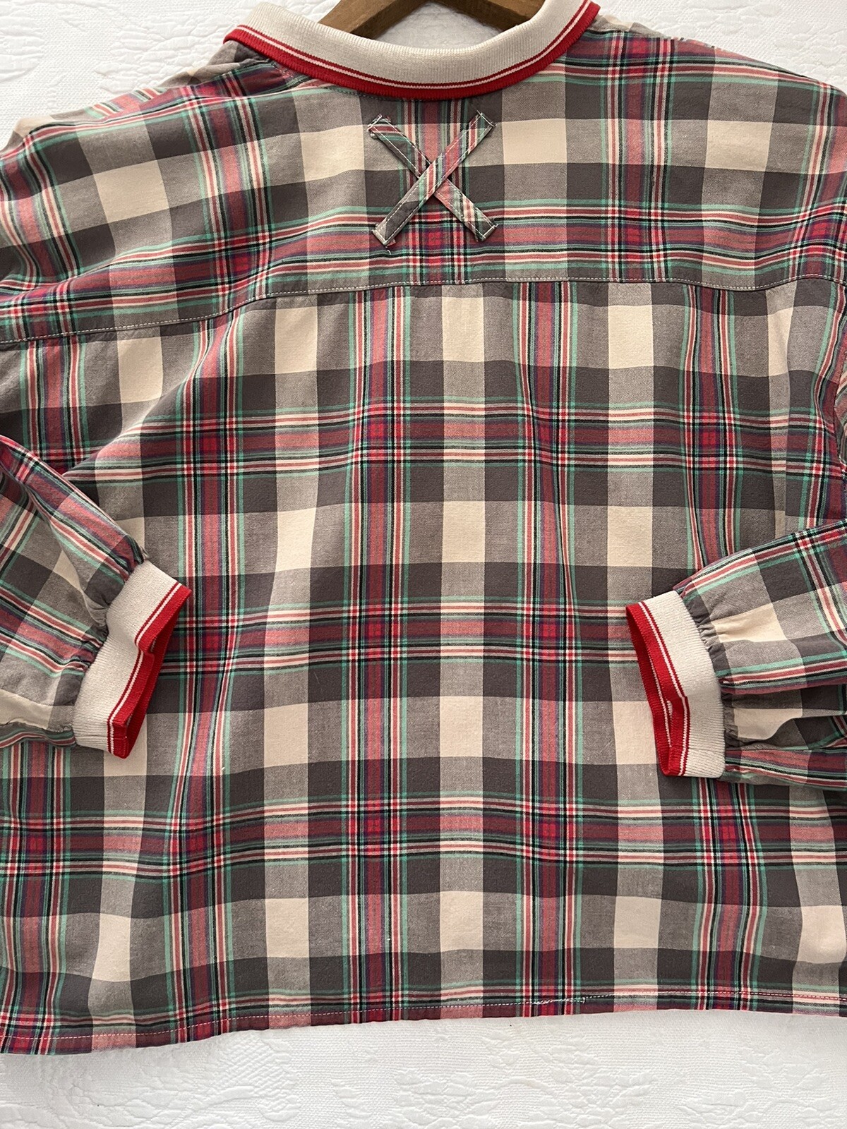 Vintage 1980’s Actif Cropped Top Blouse Shirt Balloon Sleeve Women’s Large Plaid