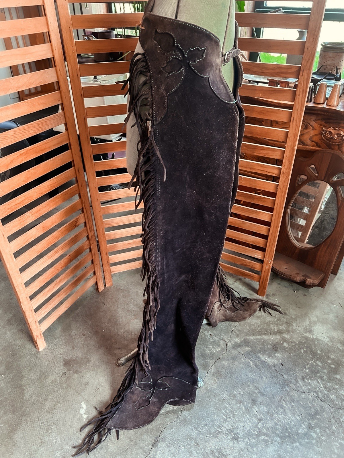 Vintage Handmade Plum Suede Chaps With Floral Detail and Brass Zippers