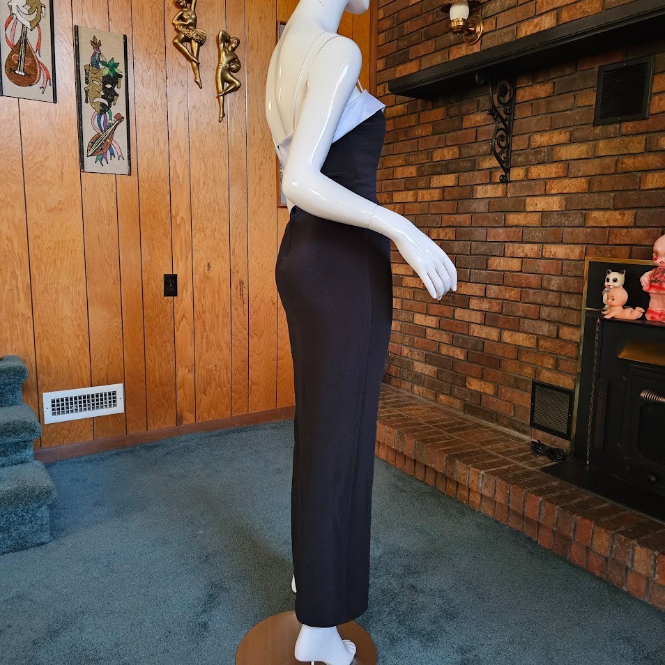 Vtg 90s Cache Tuxedo Plunging Evening Cocktail Party High Slit Wiggle Dress S/M