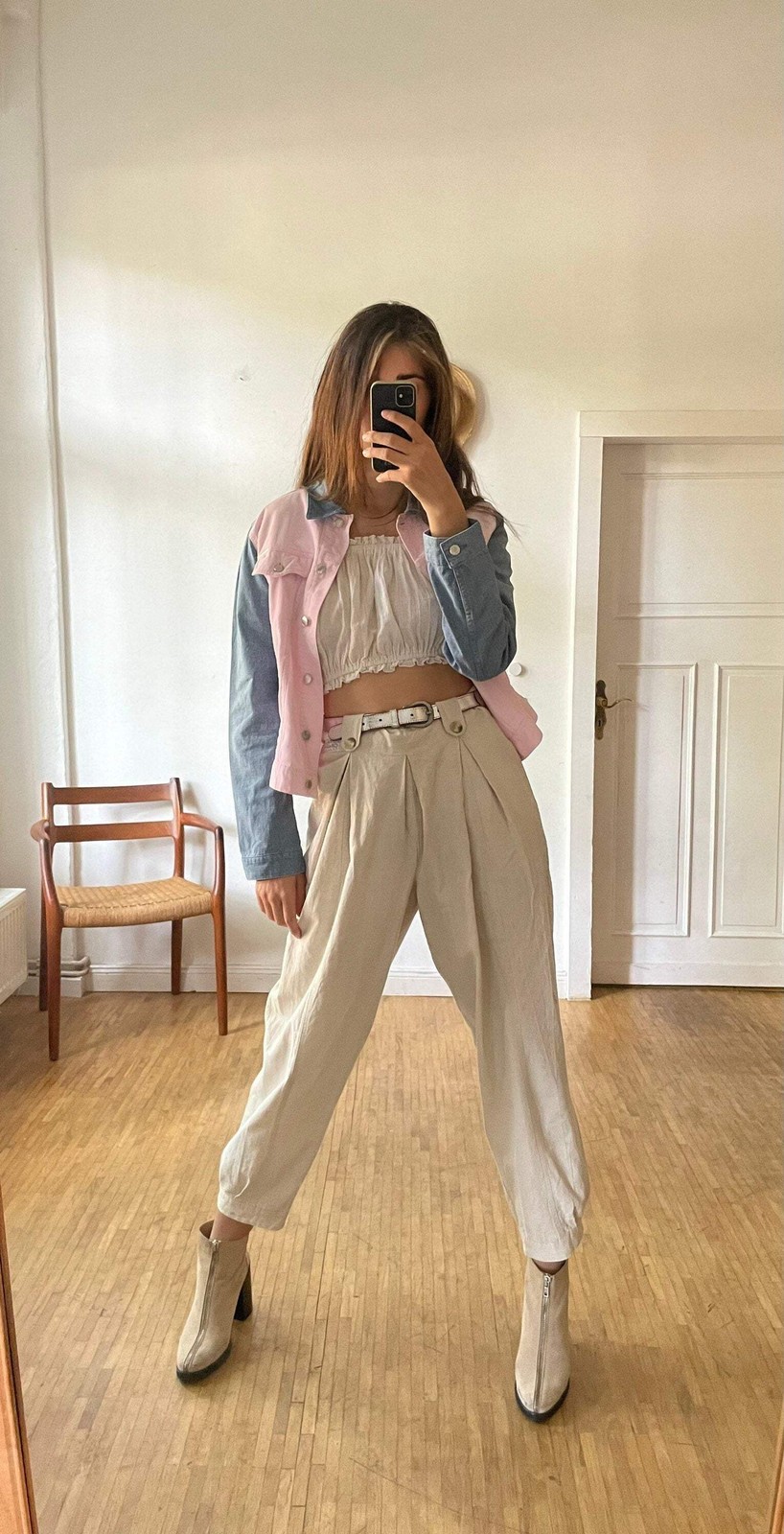 Escada sport denim jacket, Baby pink and light blue summer coat, Vintage high en