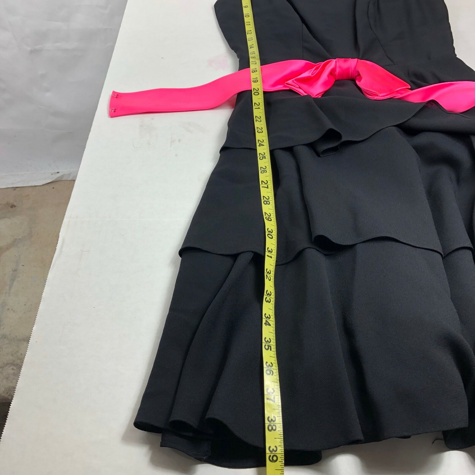 Elinor Gay Vintage Womens Siz 14 Dress Black Ruffle Sleeveless Pink Bow Belt 96K
