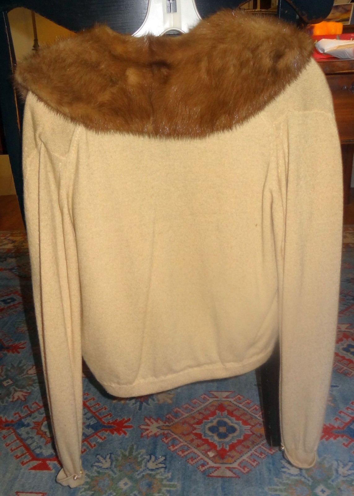 1950’s Pringle Scotland Cashmere Cardigan Mink Fur Collar Yellow Royal Warrant