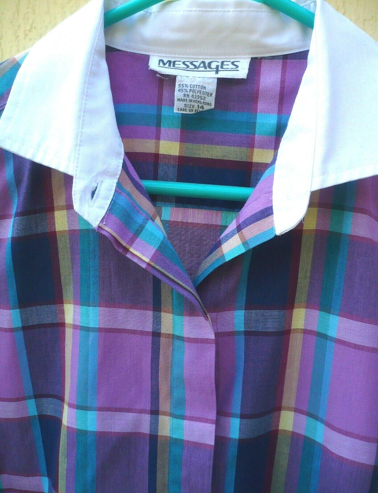 VTG MESSAGES L DEEP PURPLE PLAID LONG SLEEVE BUTTON DOWN SECRETARY BLOUSE WOMEN
