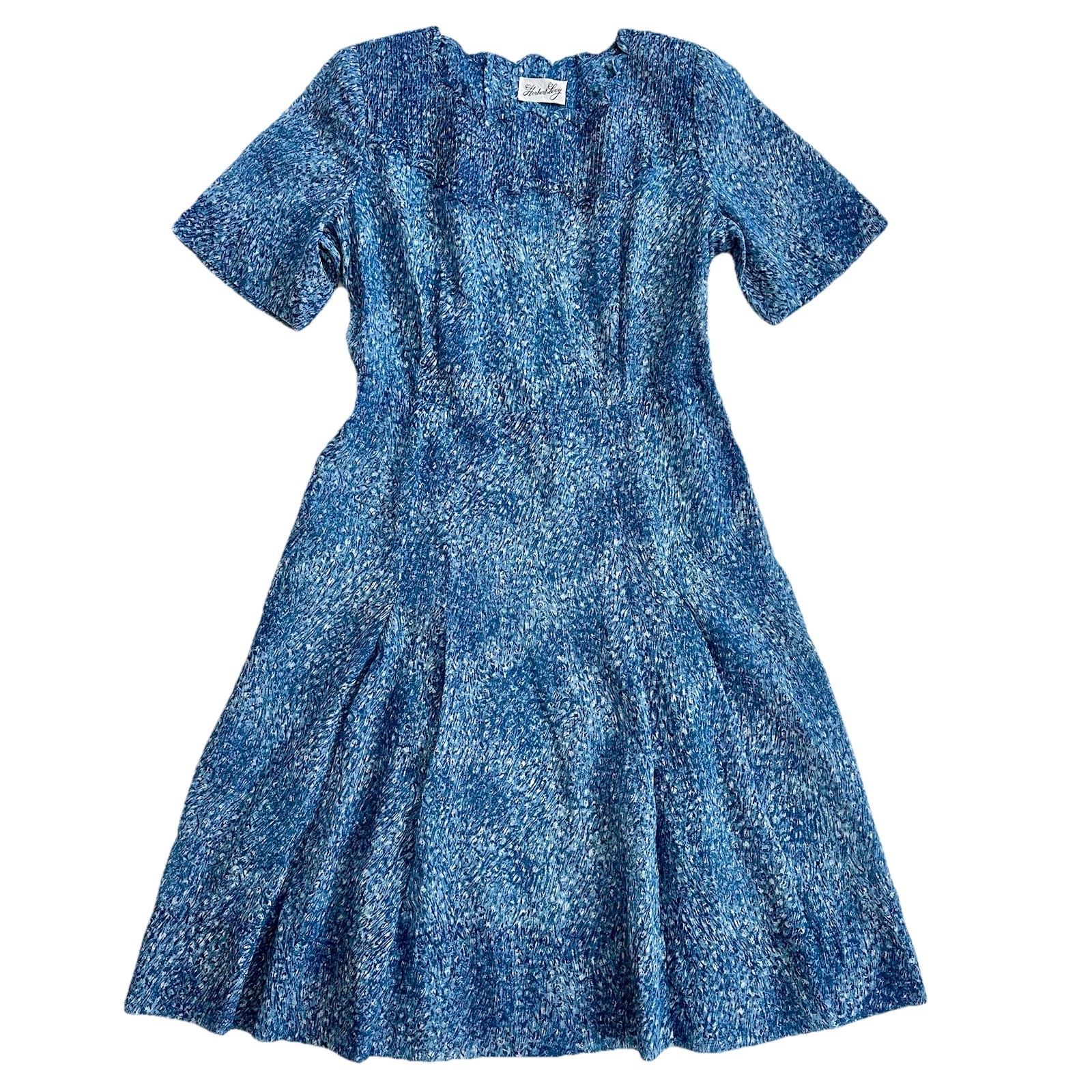 Vintage Herbert Levy Blue Crepe Party Dress Scalloped Neck Pintuck Union Size M*