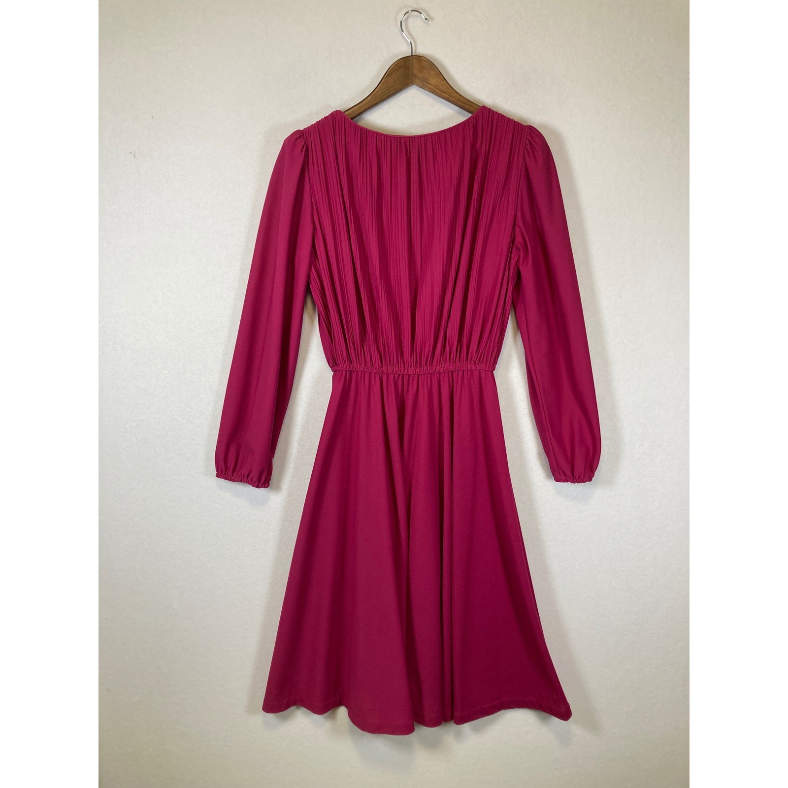 Vintage Sally Lou Women Magenta Pink Pleated Long Sleeve Elastic Waist Dress