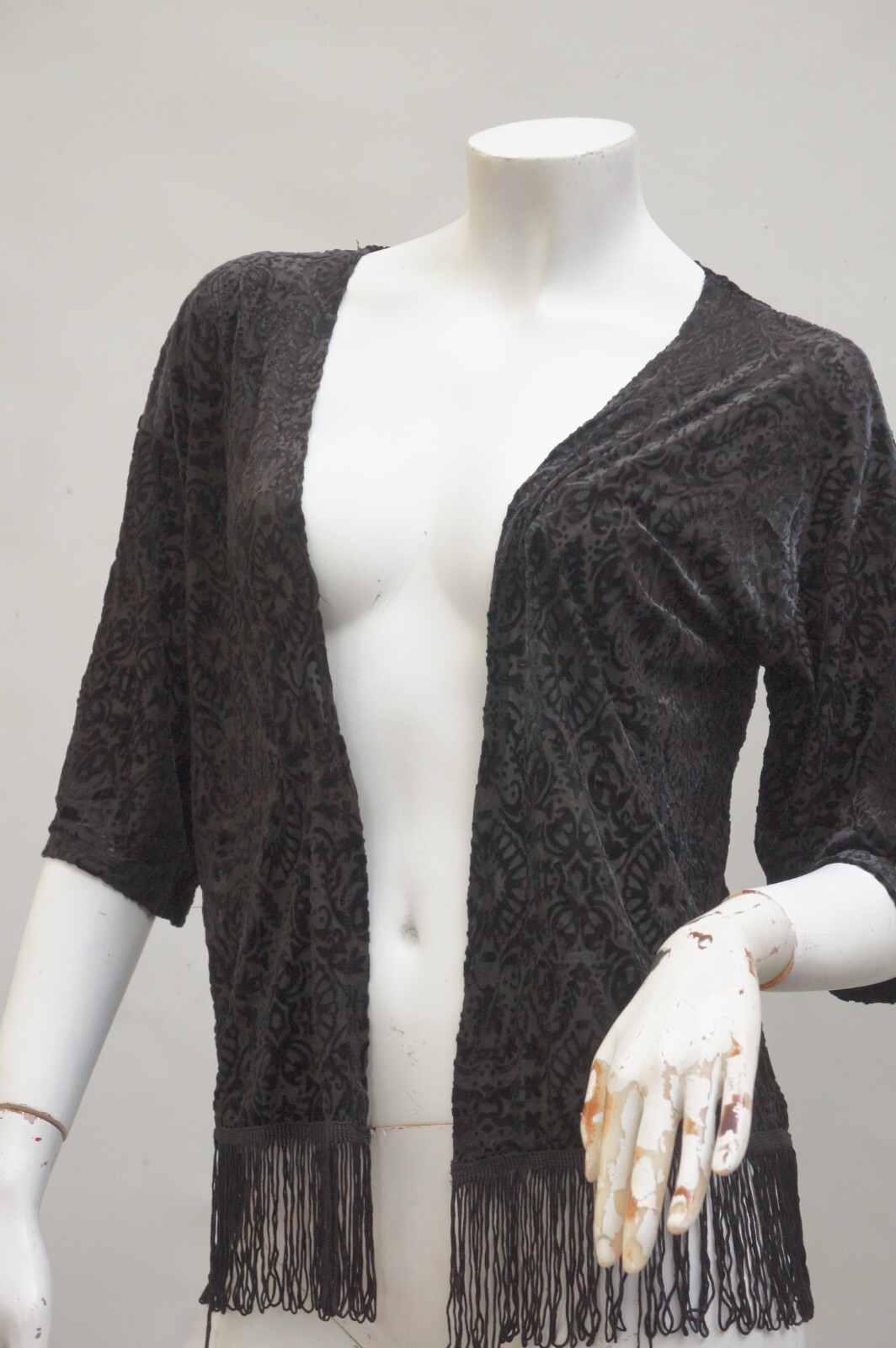 Vintage Black Burnt Out Velvet Fringe Cardigan Jacket Top