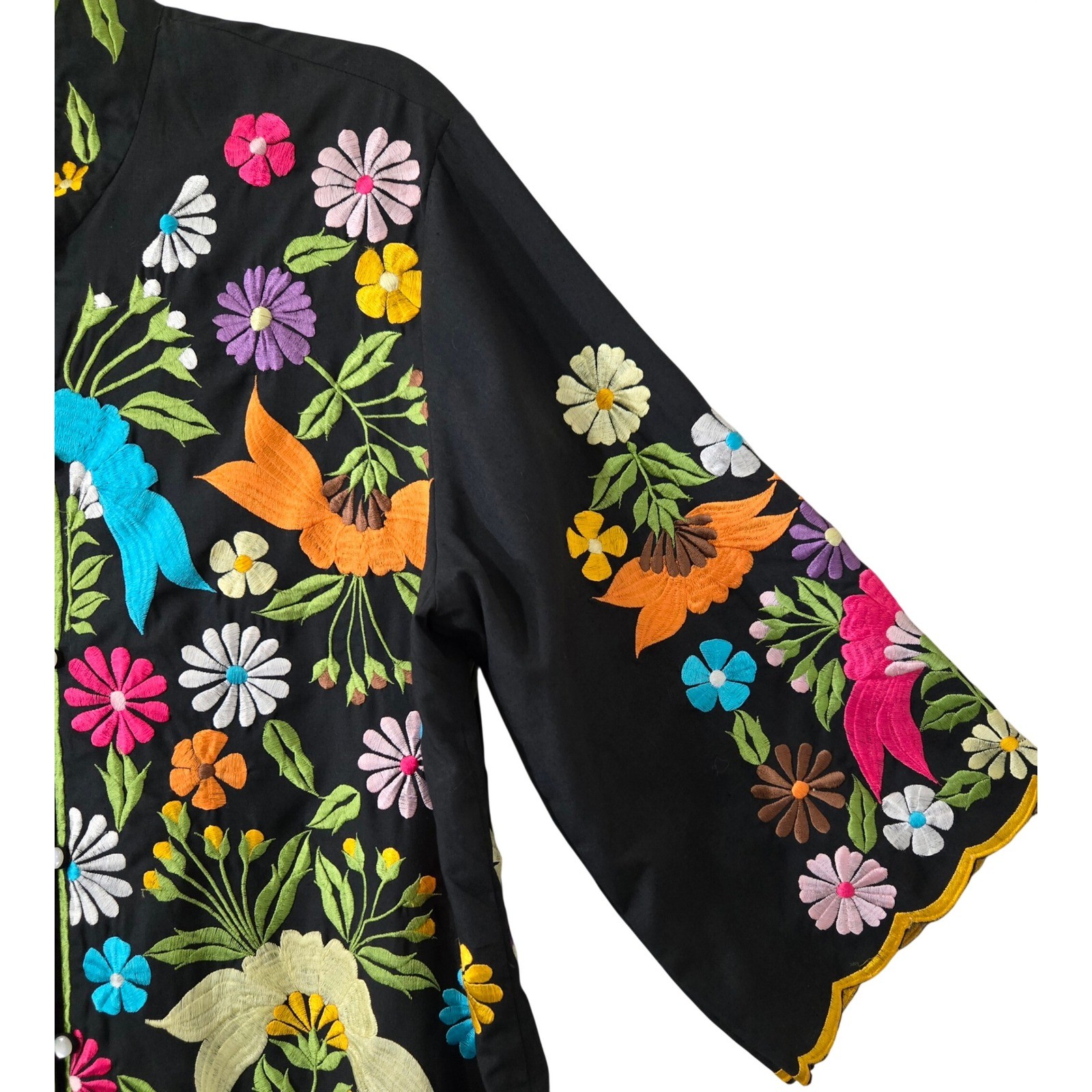 Leandra Vintage Embroidered Floral Bird Tunic Black Mandarin Collar Scallop LG