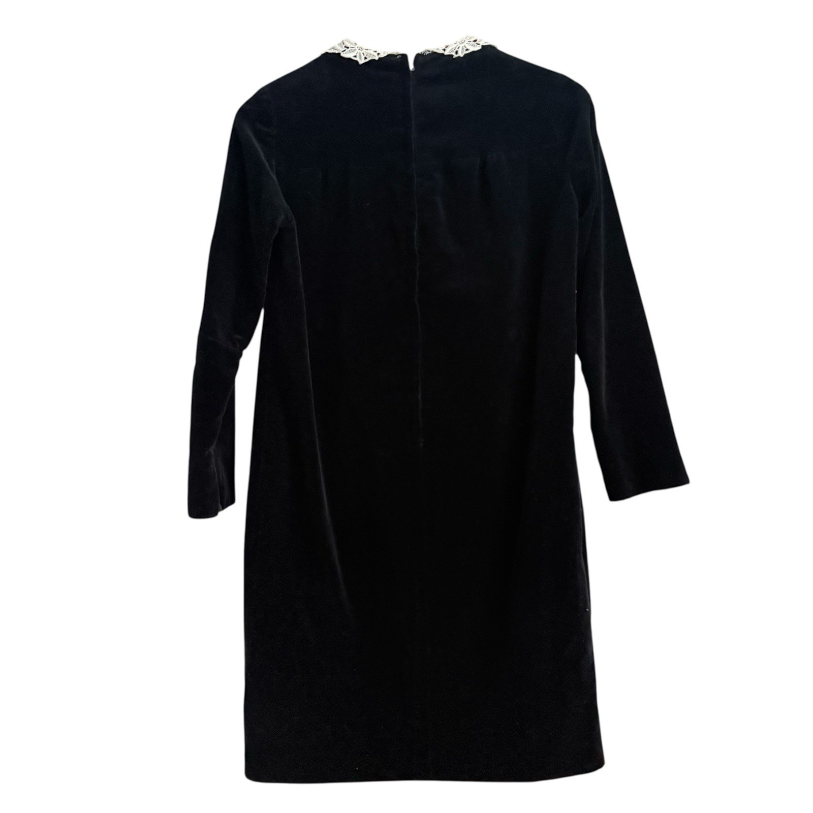 vtg 70s Connie Sage Black Structured Velvet Lace Collar Midi Shift Dress Small