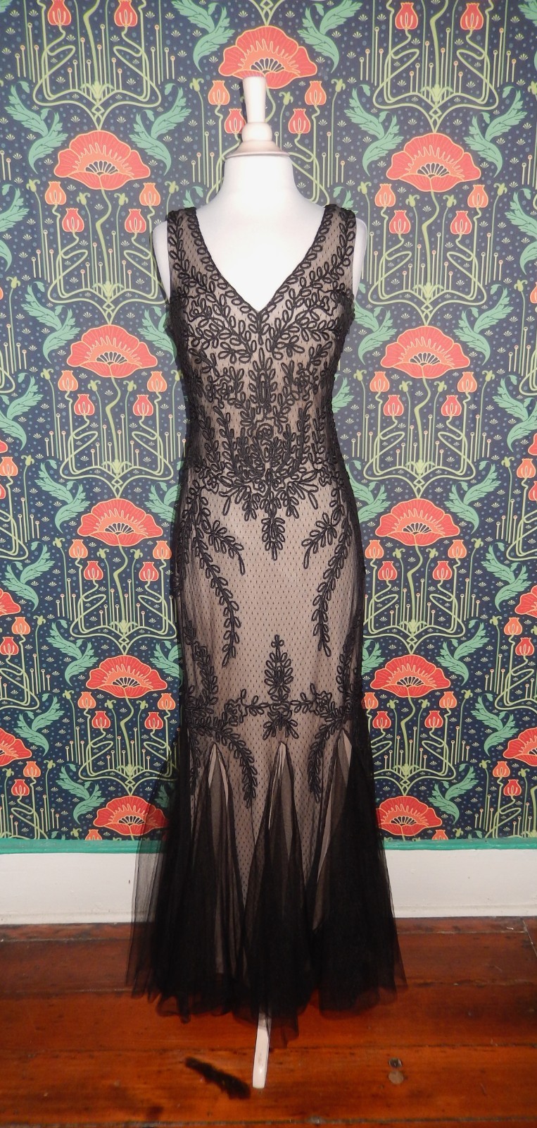 Vintage Y2K Black Beige Prom Soutache Mesh Lace Formal Tulle Trumpet Dress Gown