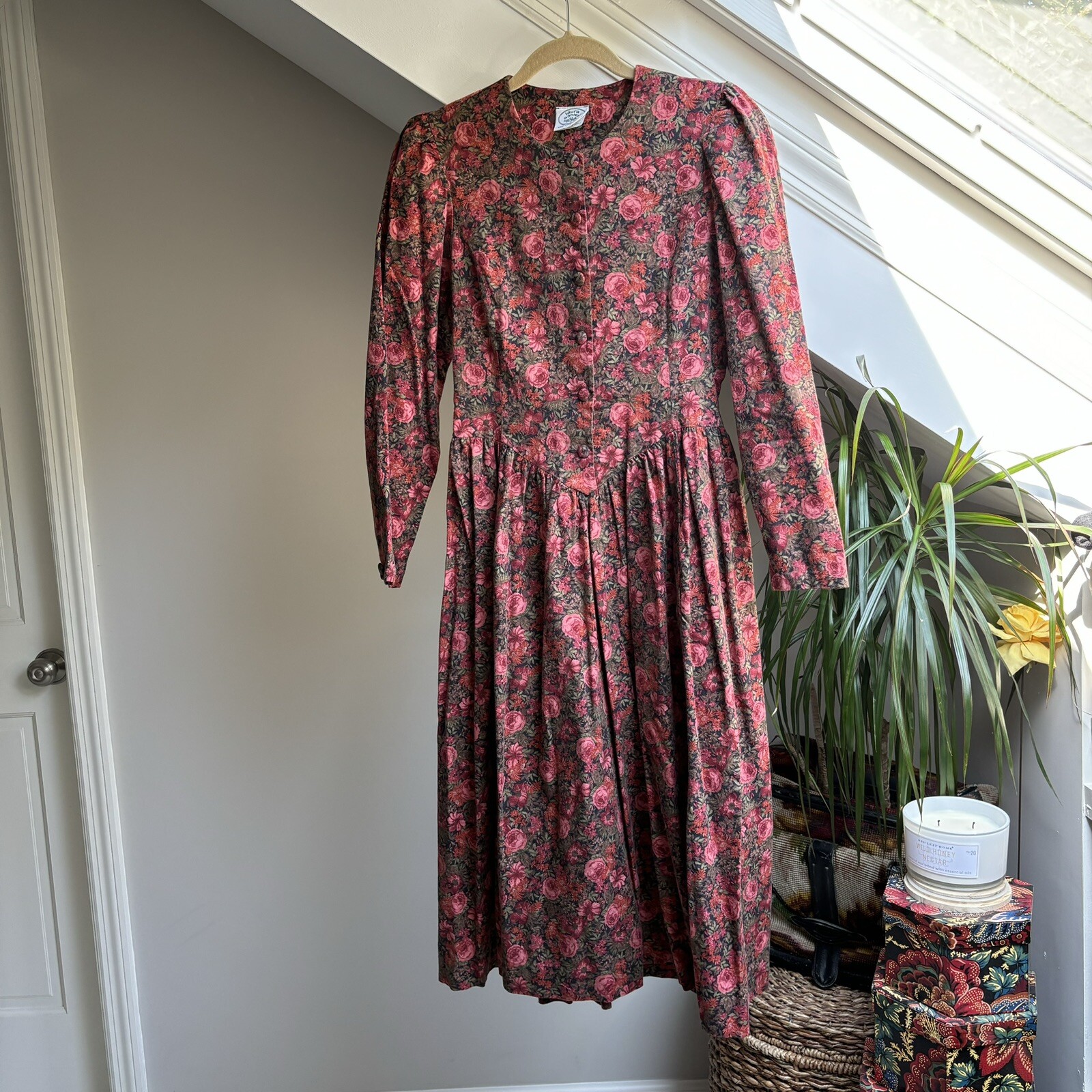 Vintage Laura Ashley Wool Cotton Red Floral Great Britain Dress US 6 UK 10