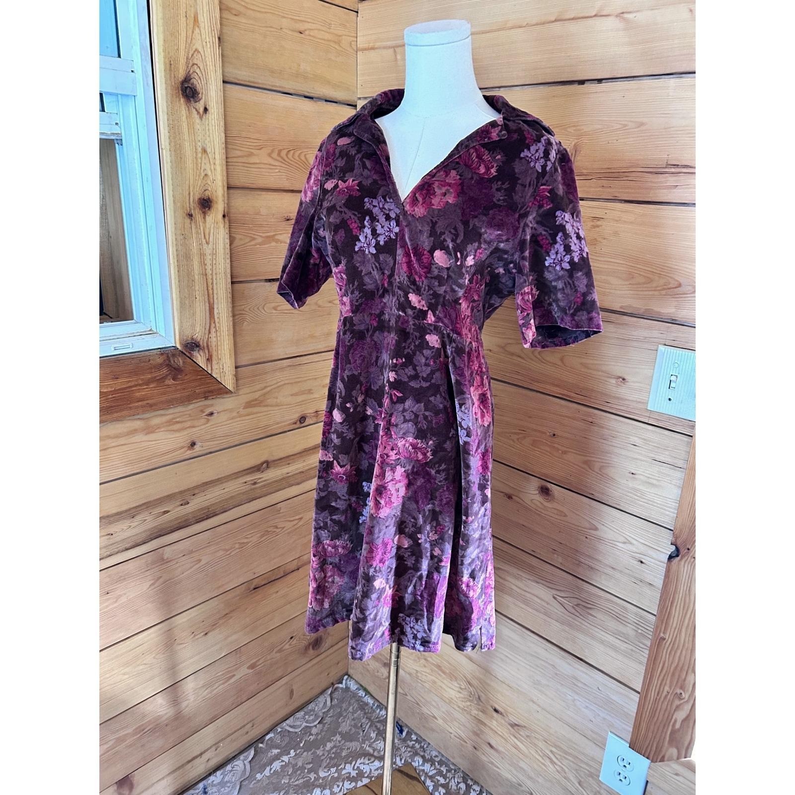 Vintage Thick Velour Floral Midi Dress Womens Large Plum Purple Handmade 70’s