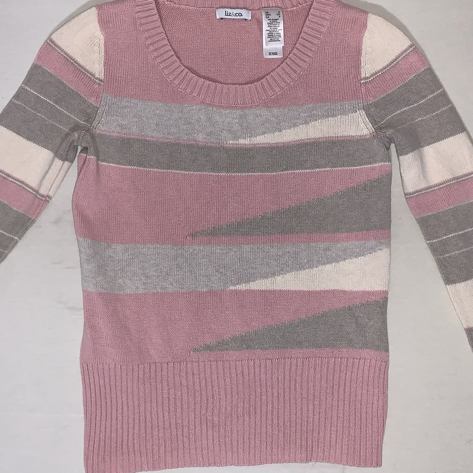 Liz And Co Vintage Sweater Women’s Pink Cream And Gray Striped Knit Small