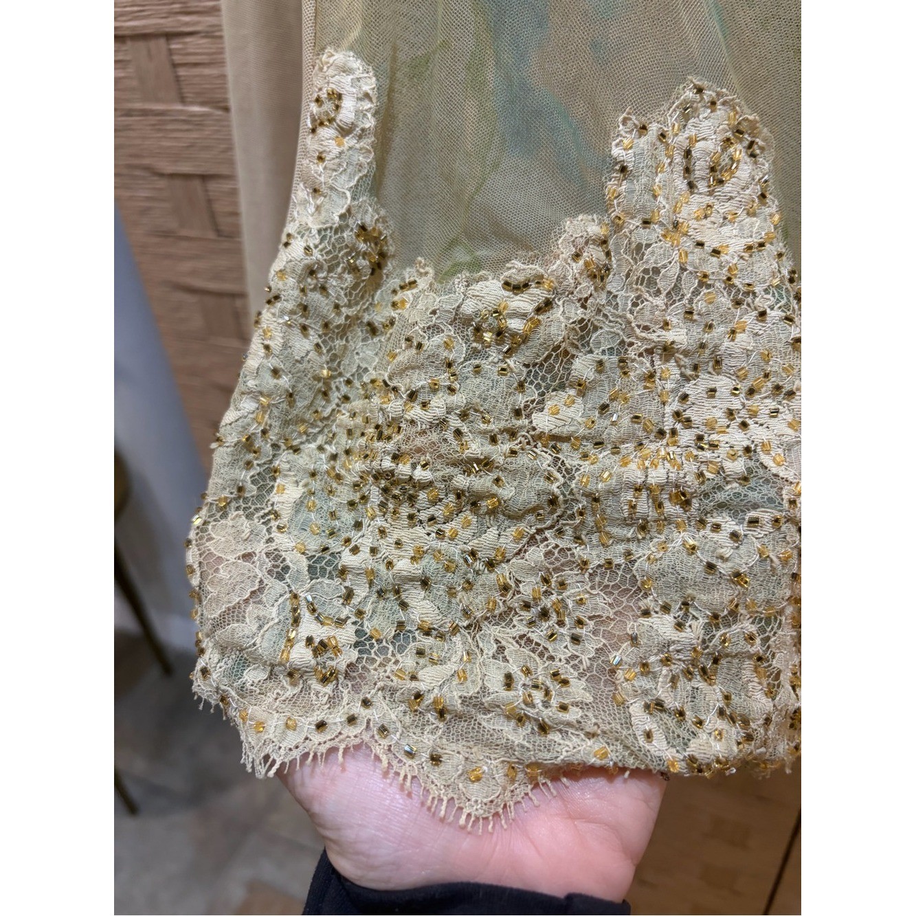 Vintage Y2K Hale Bob Beaded Lace Blouse Sheer Mesh Sage Green Gold Sequin Top L
