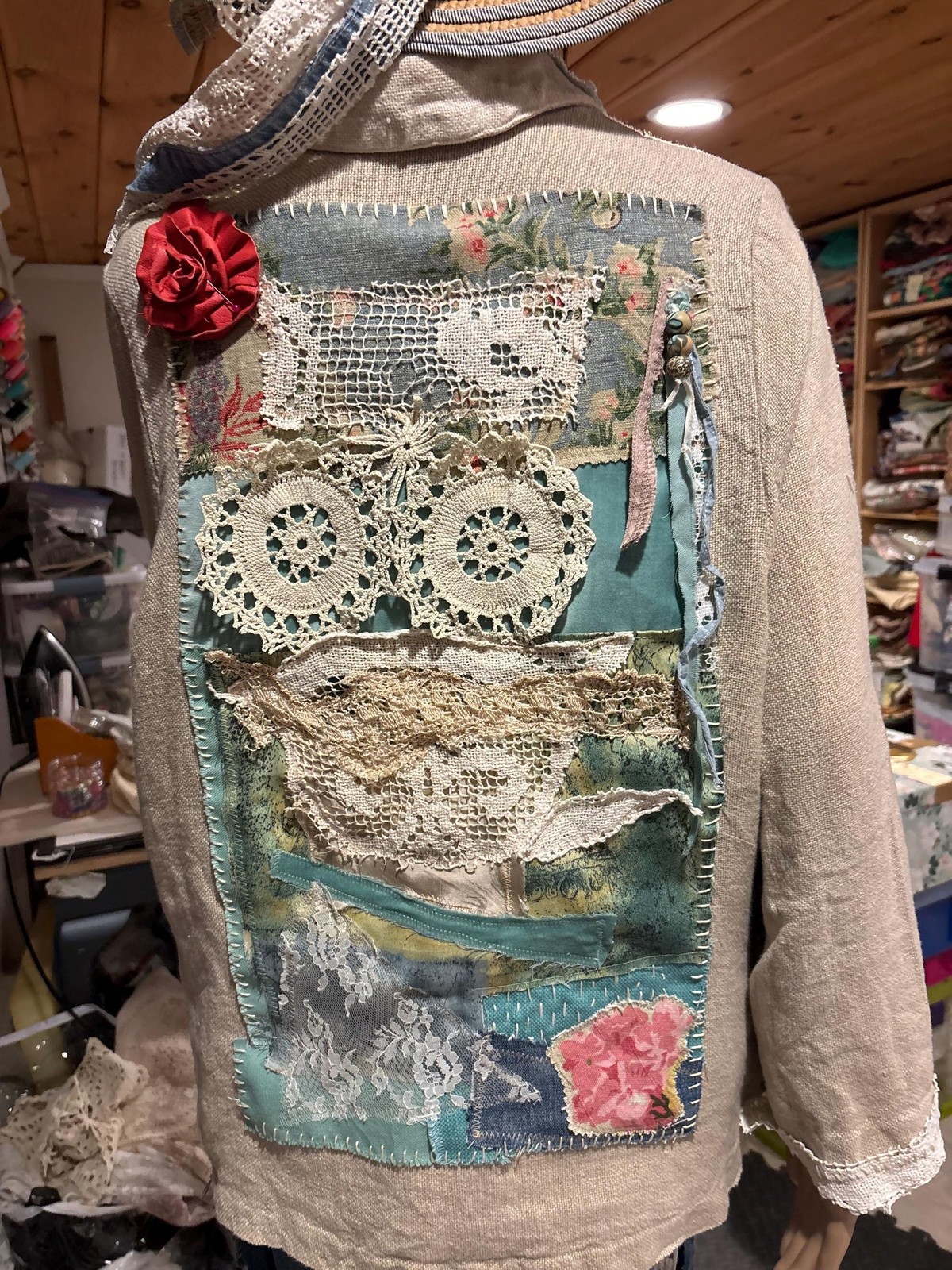 Upcycled Linen Jacket Handmade Boho Patchwork with Abstract Owl Design