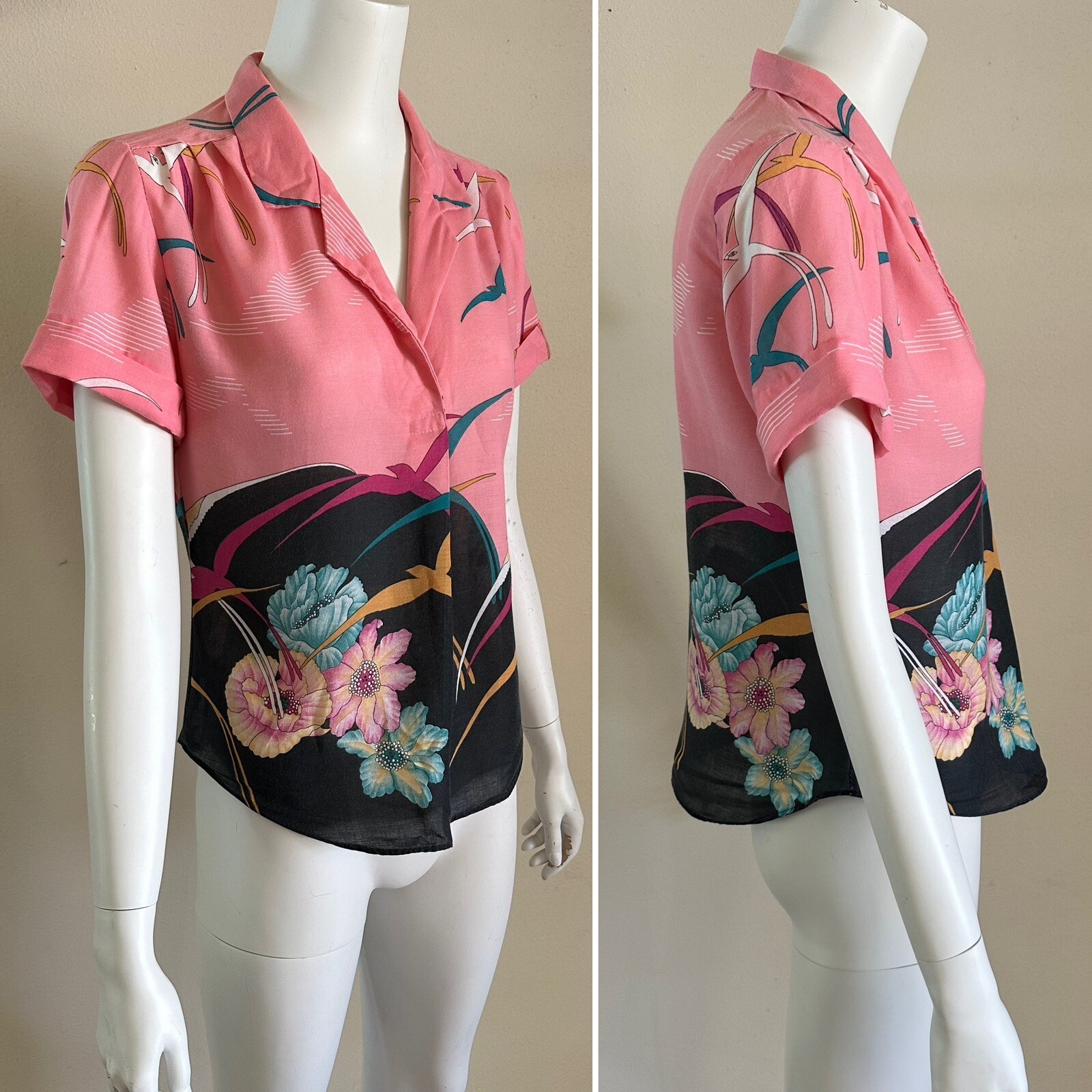 1980s California Connection Tropical Rayon Blouse Pink Bird Print Made USA VTG