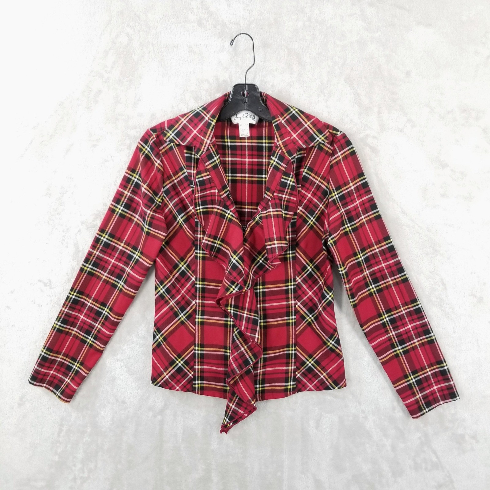 Vtg Joseph Ribkoff Blouse Red Scotch Plaid Ruffle Front Zip Womens Size 6 Jacket