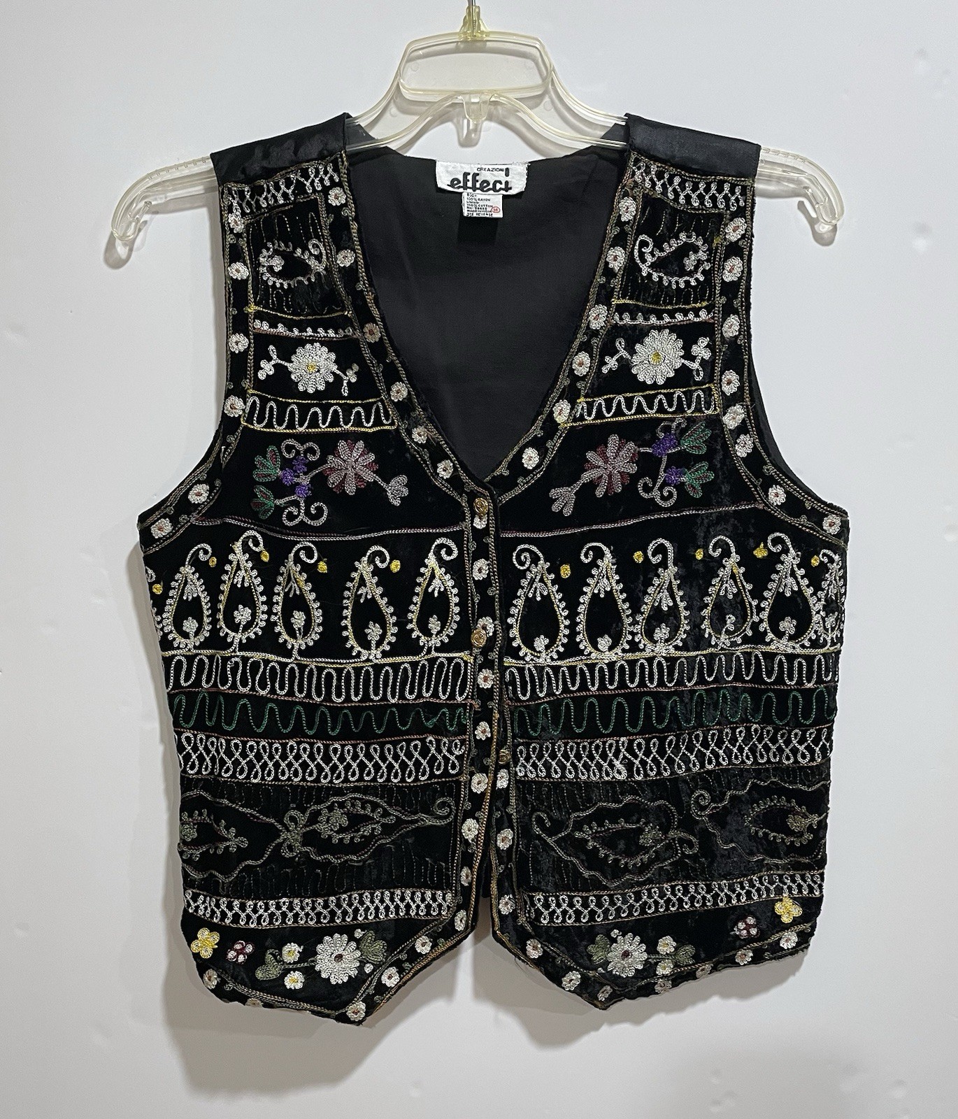 Vintage 90’s Effeci Black Velvet Embroidered Vest Paisley Boho Whimsigoth Hippie