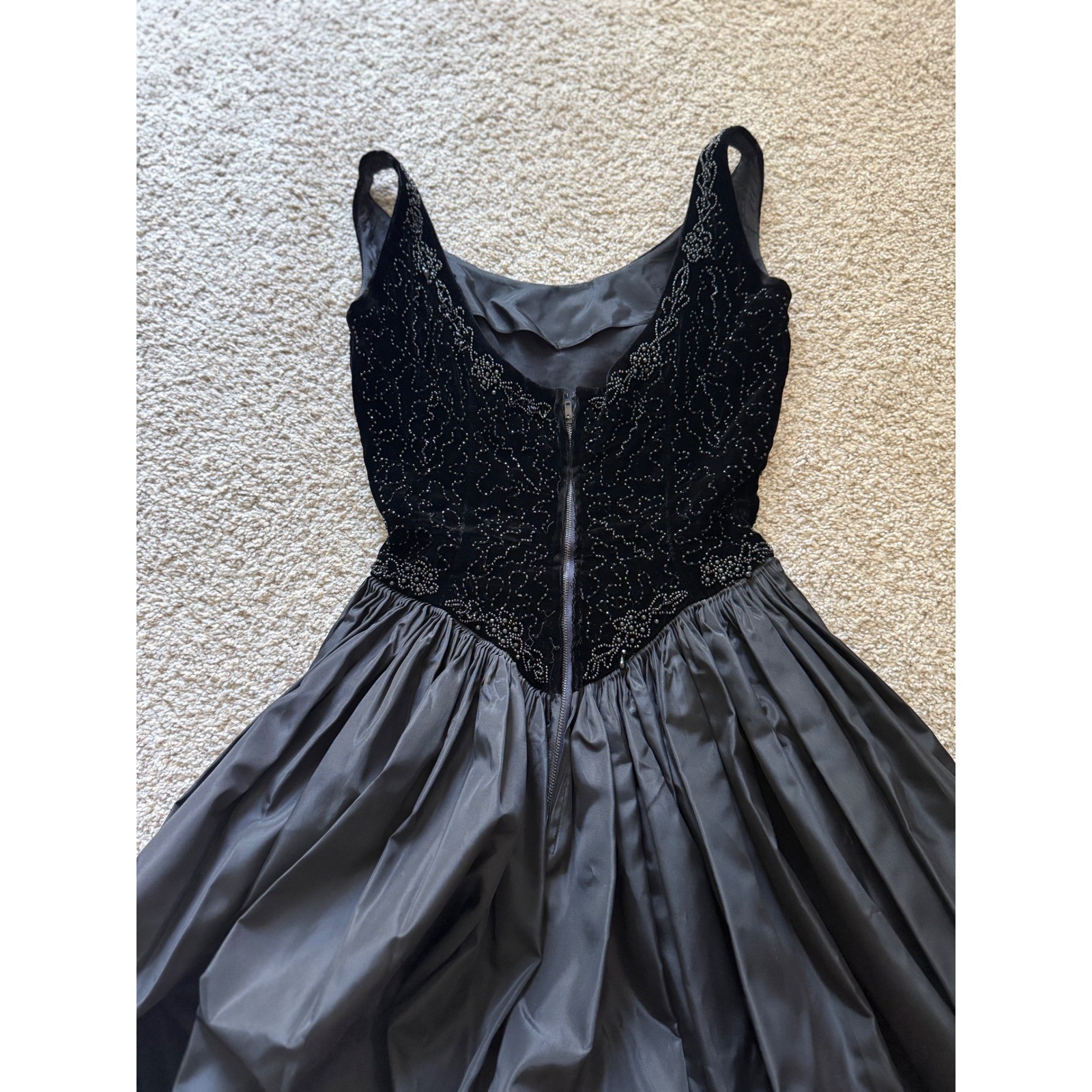 Gothic glam Black Velvet taffeta Midi Dress Whimsigoth Beaded Basque waist XS/S
