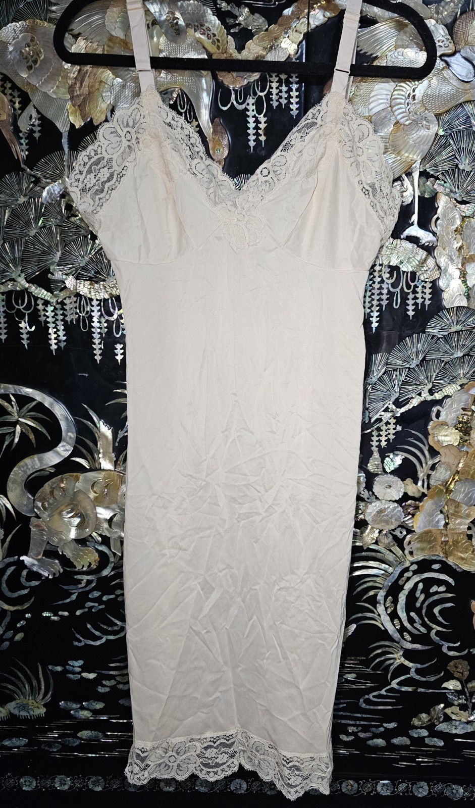 Vintage Beige Cream Ivory Nightgown Slip Lace Trim Adjustable Strap S 34 Baronet