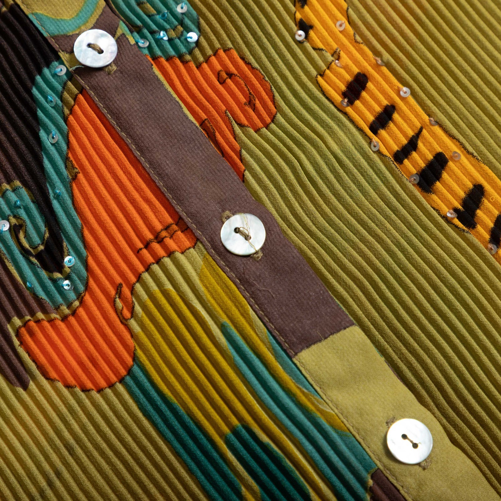 Vintage 90s Alberto Makali Pleated Sequin Shirt Size L Abstract Print