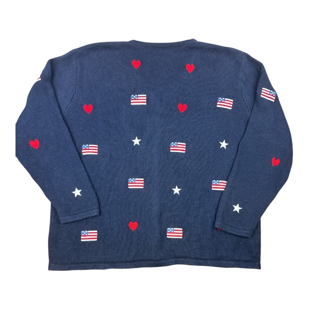 Quacker Factory Vintage Navy Americana Flag Heart Star Cardigan Sweater 2X Cozy