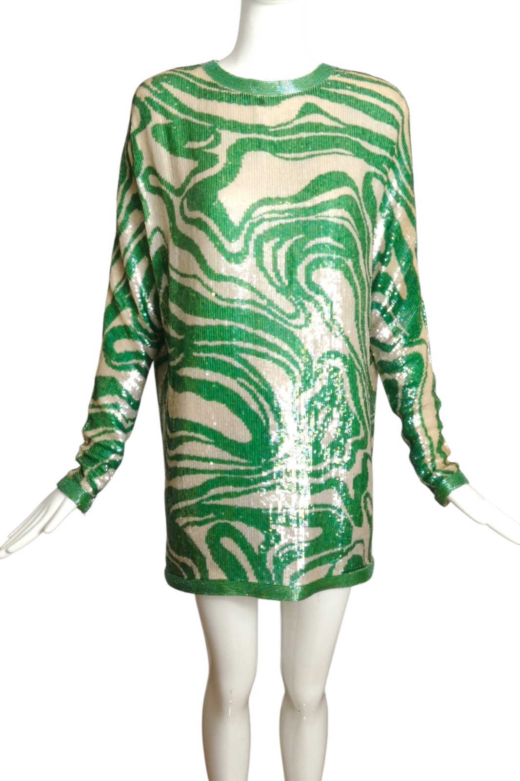 PIERRE CARDIN – 1989 Green & Ivory Sequin Cocktail Dress, Size 10