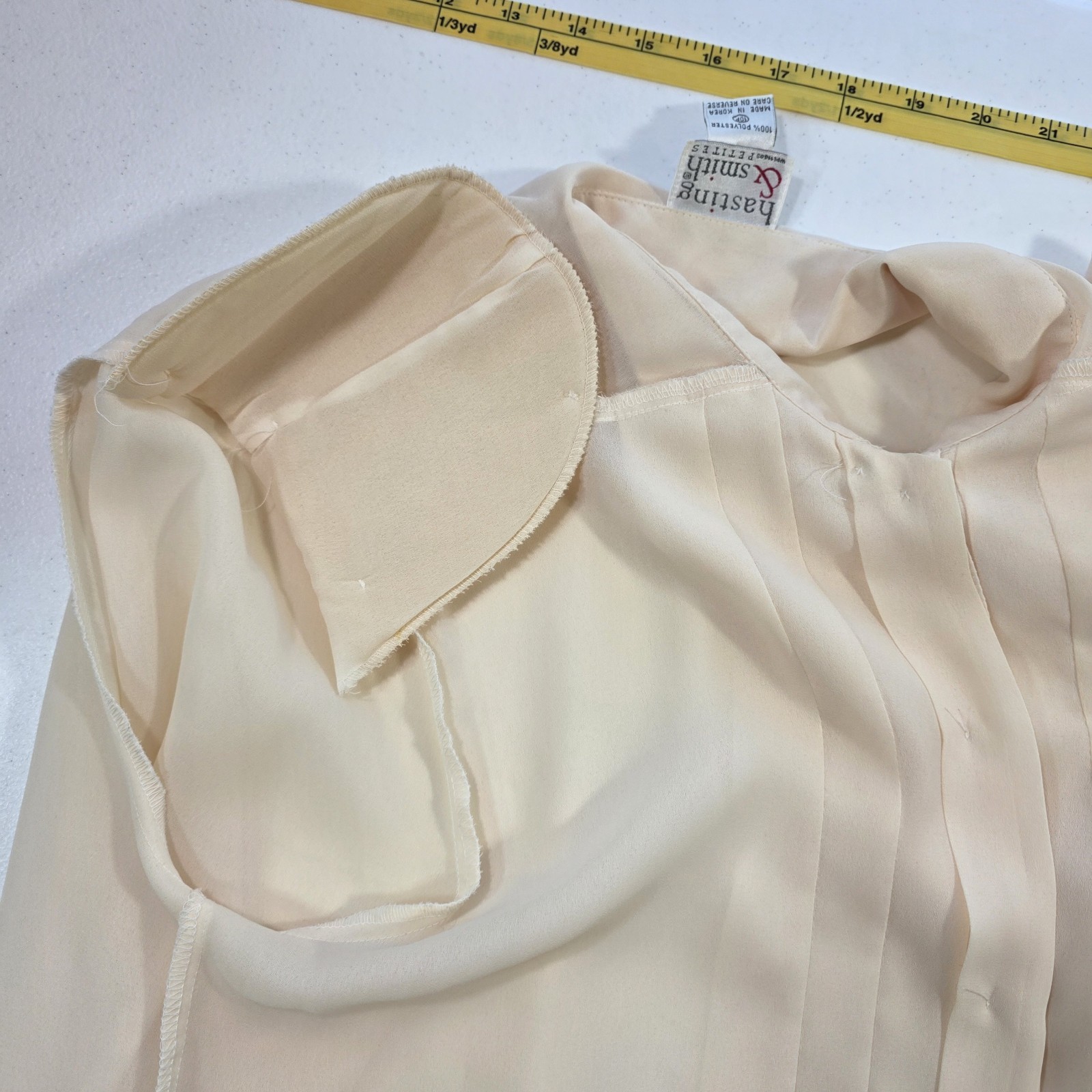 Vtg Hasting and Smith Sheer Blouse Womens 10P Secretary Pearls Yellow Proper 80s